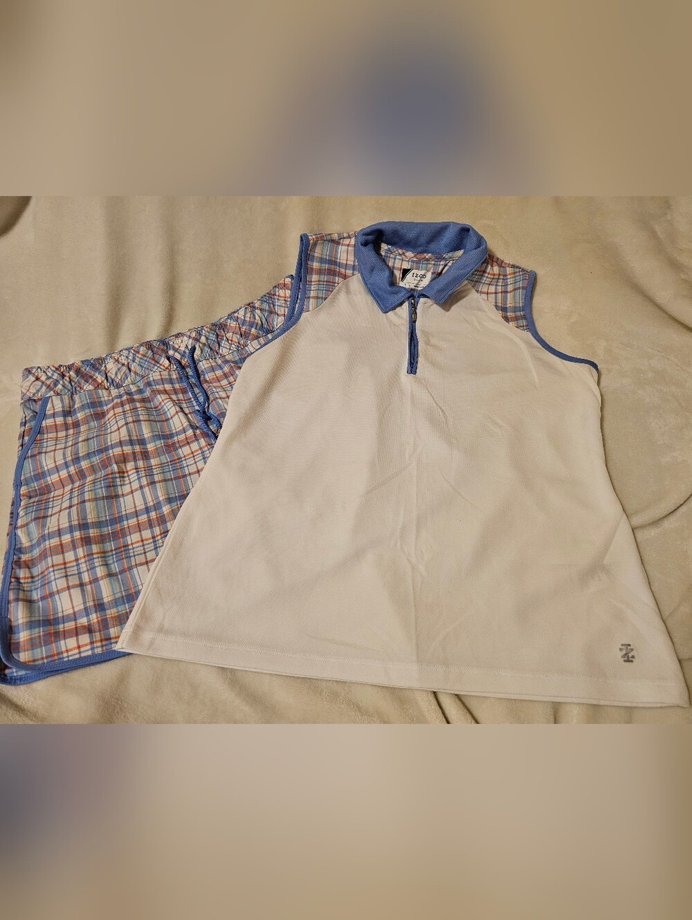 IZOD Women's Golf Outfit Set Large Top Medium Skort White Blue Plaid Sleeveless